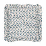 Lulah Block Floral Linen Cushion, a 45 x 45cm square cushion with a blue leaf-and-bud print on natural oatmeal linen fabric, finished with a gathered ruffle edge, on a plain white background.