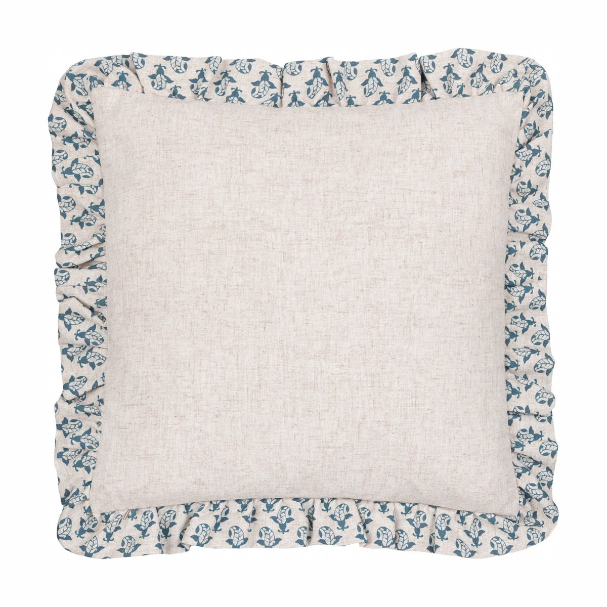 Lulah square cushion with plain natural linen centre and gathered ruffle edge in blue block floral print, shown on a white background.
