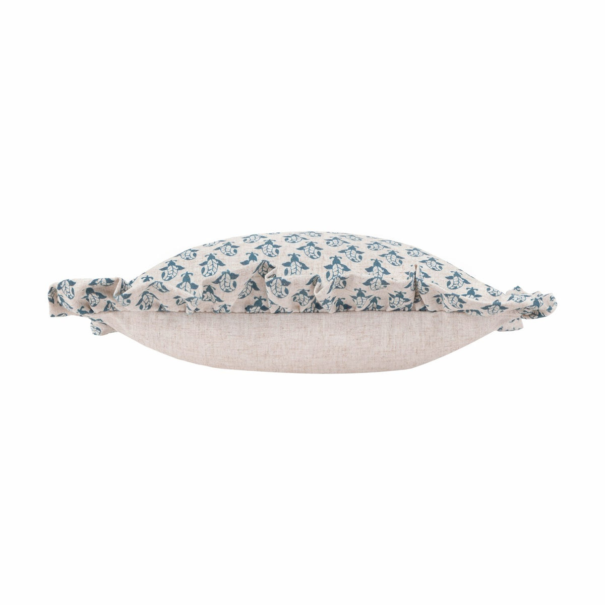 Side view of the Lulah Block Floral Linen Cushion, showing a natural linen base with a blue floral-print gathered ruffle edge, on a plain white background.