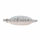 Side view of the Lulah Block Floral Linen Cushion, showing a natural linen base with a blue floral-print gathered ruffle edge, on a plain white background.