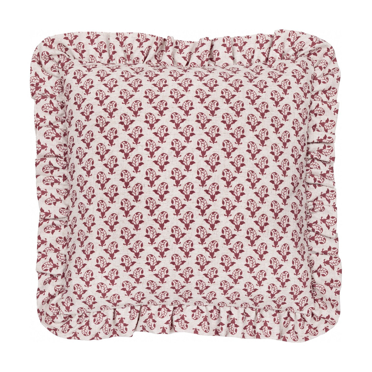Lulah square cushion in natural linen with a red block-print floral motif and a gathered ruffle trim edge, shown on a plain white background.