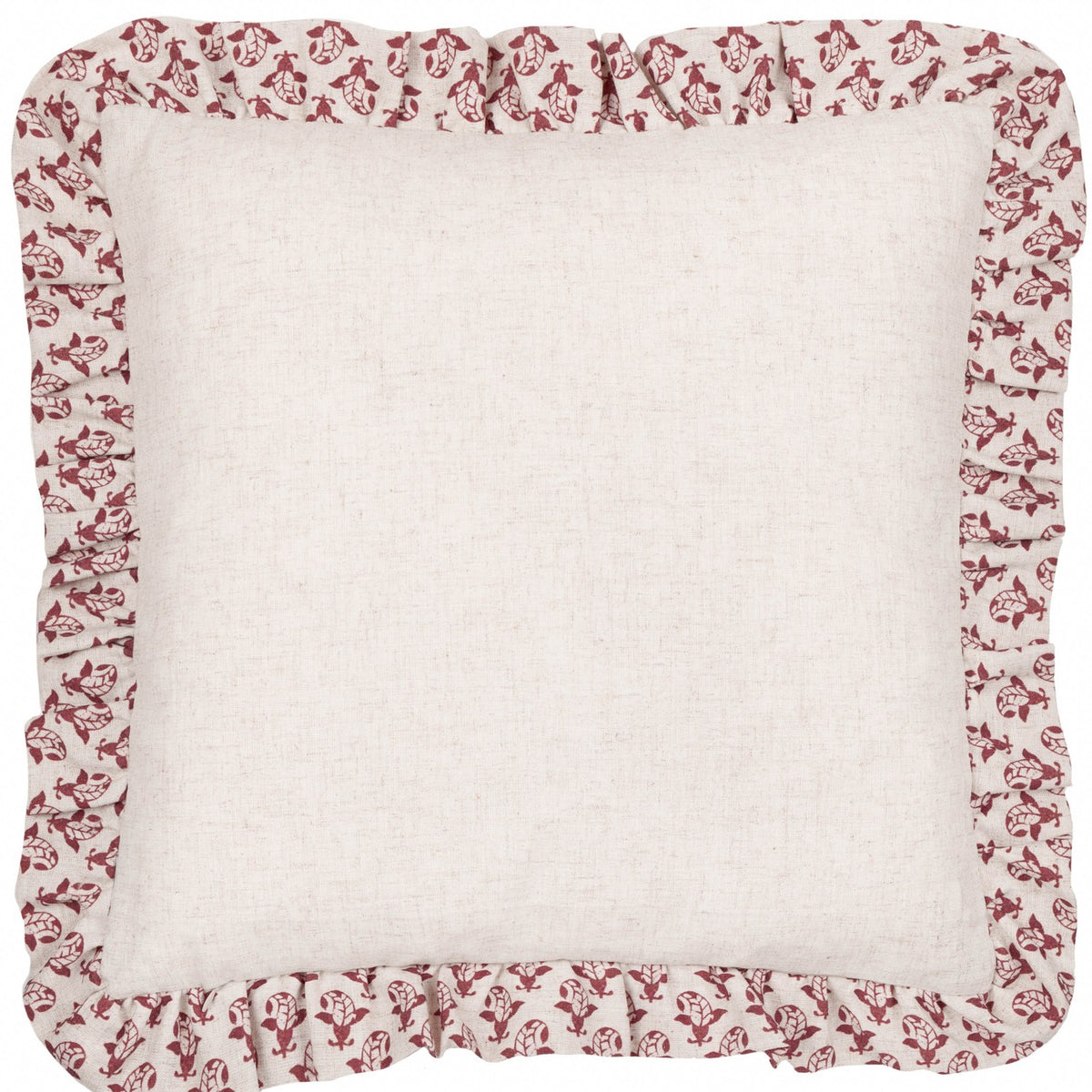 Lulah Block Floral Linen Cushion in natural linen with a red block-print floral border and gathered ruffle trim, plain white background.