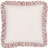Lulah Block Floral Linen Cushion in natural linen with a red block-print floral border and gathered ruffle trim, plain white background.