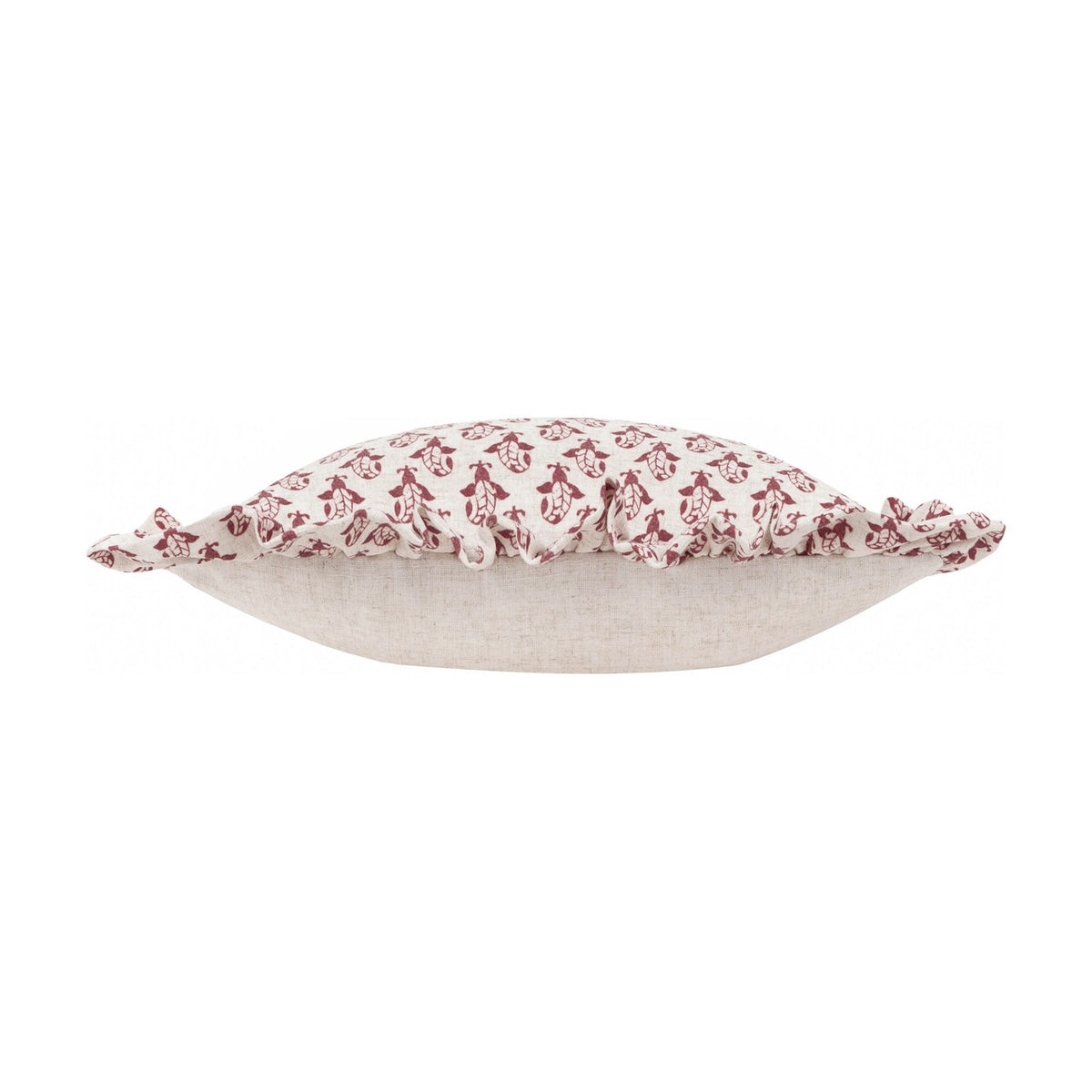 Lulah Block Floral Linen Cushion in linen/red, shown side-on with ruffle trim edging and plain natural linen reverse, against a plain white background.