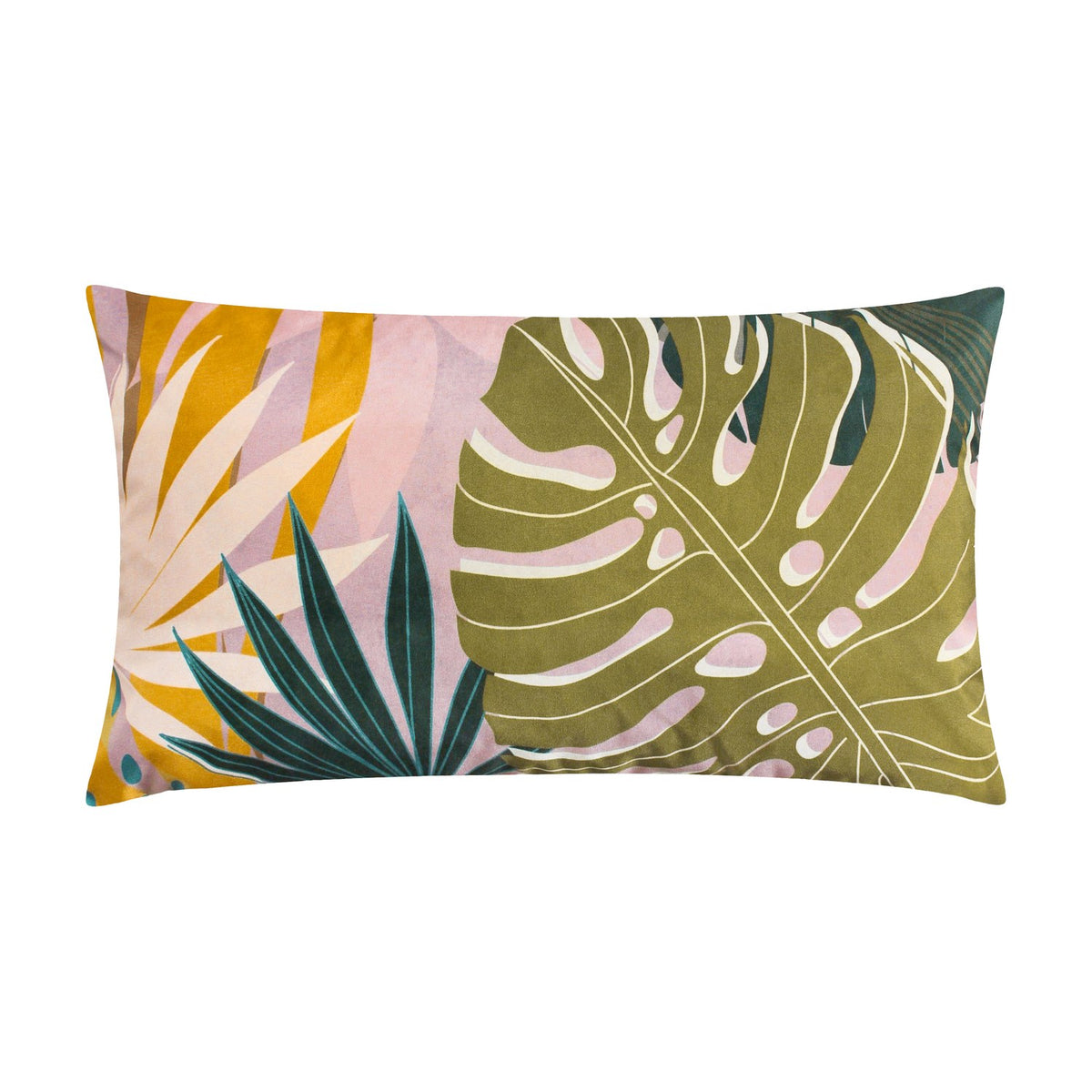Rectangular polyester cushion, 30 x 50cm, printed with tropical palm leaves in blush pink, amber and olive green, shown on a plain white background.