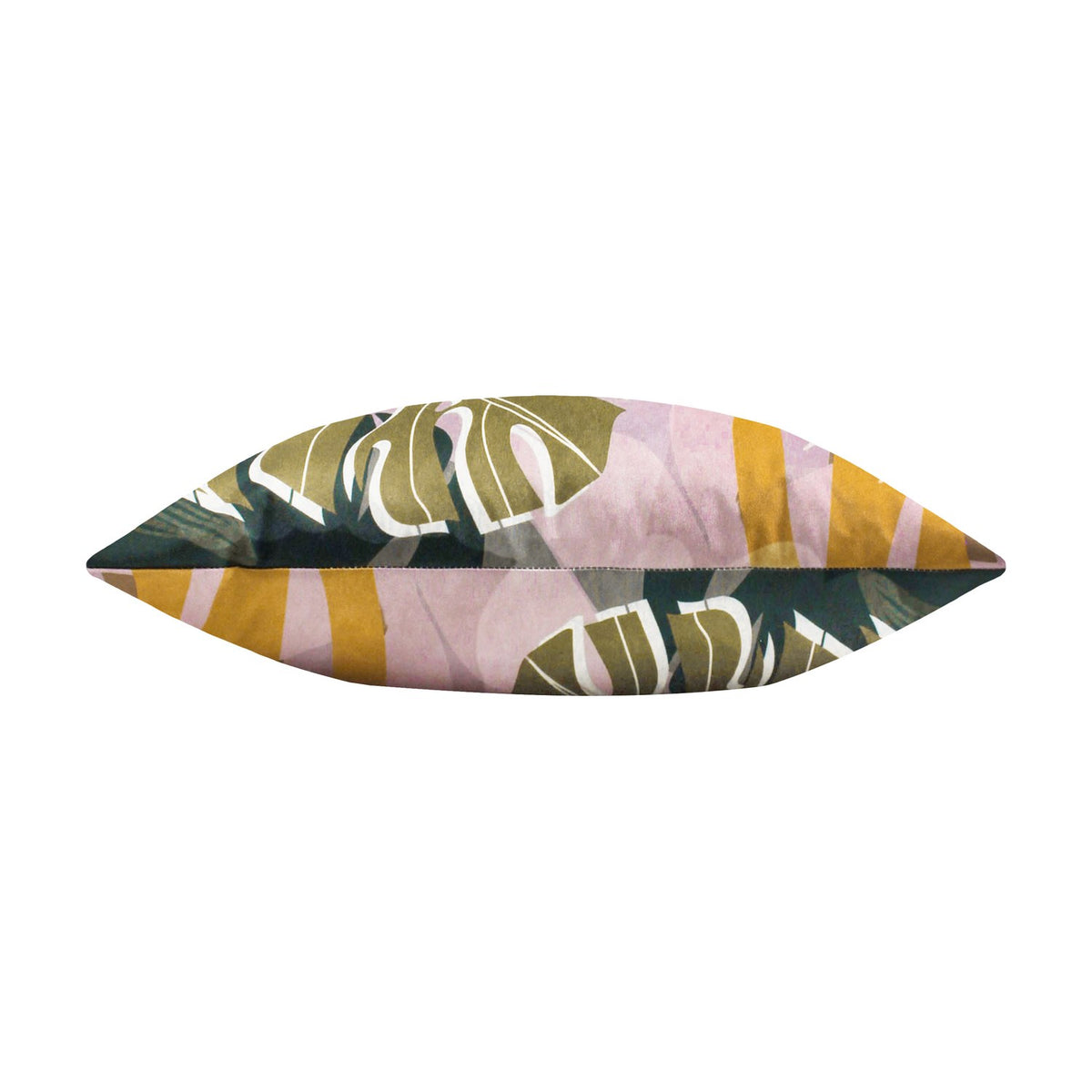 Rectangular polyester cushion shown edge-on with tropical leaf print in blush pink, amber and olive green tones, on a plain white background.