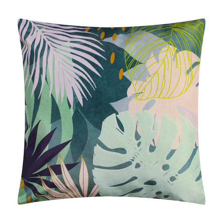 Square 43x43cm cushion with a teal-ground tropical leaf print featuring pale palm fronds, mint monstera leaves, pink shapes and amber dots, polyester, shown on a plain white background.