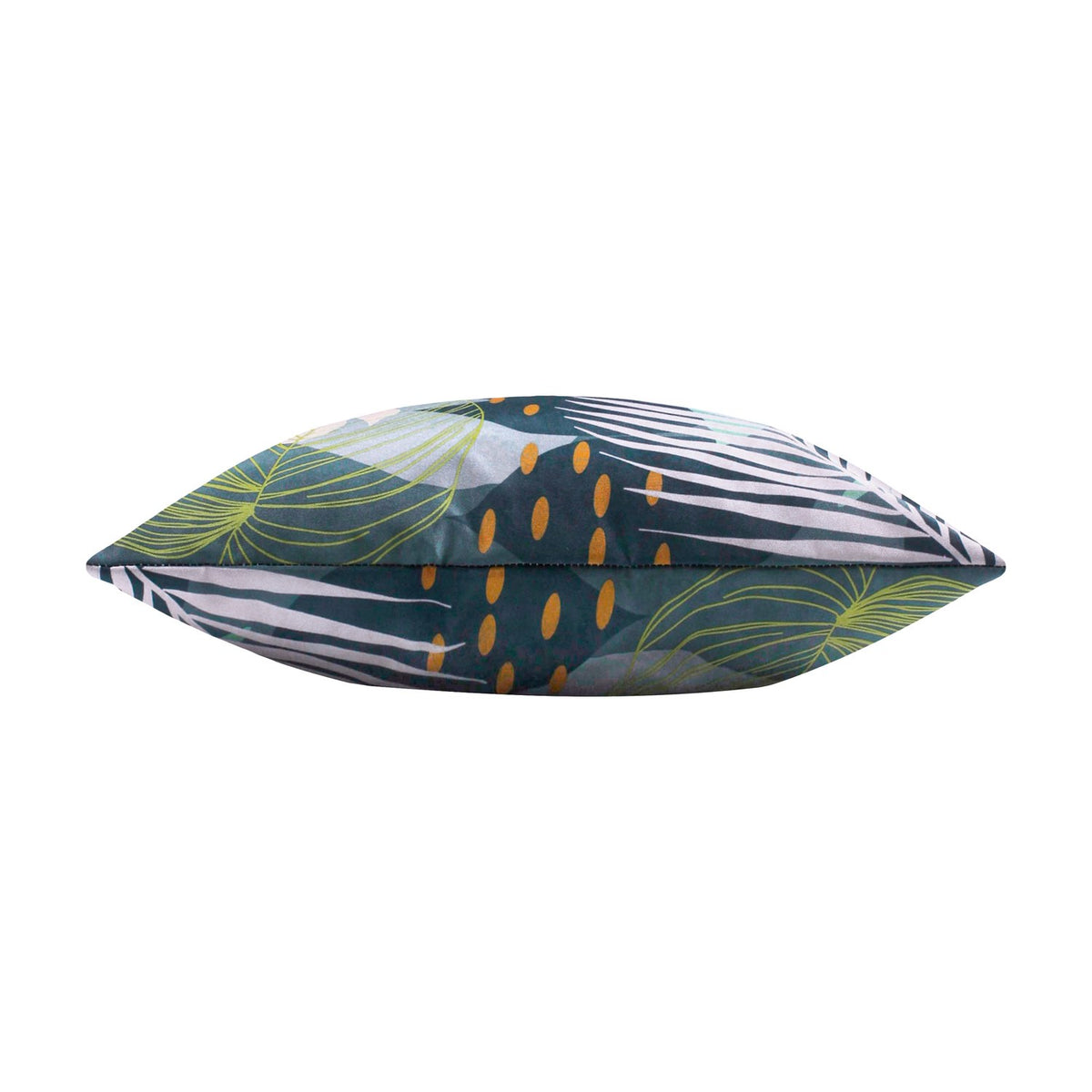 Side view of the Leafy Reversible Polyester Cushion in teal, showing tropical palm fronds, mint leaf outlines, pale shapes and amber dot print on a plain white background.