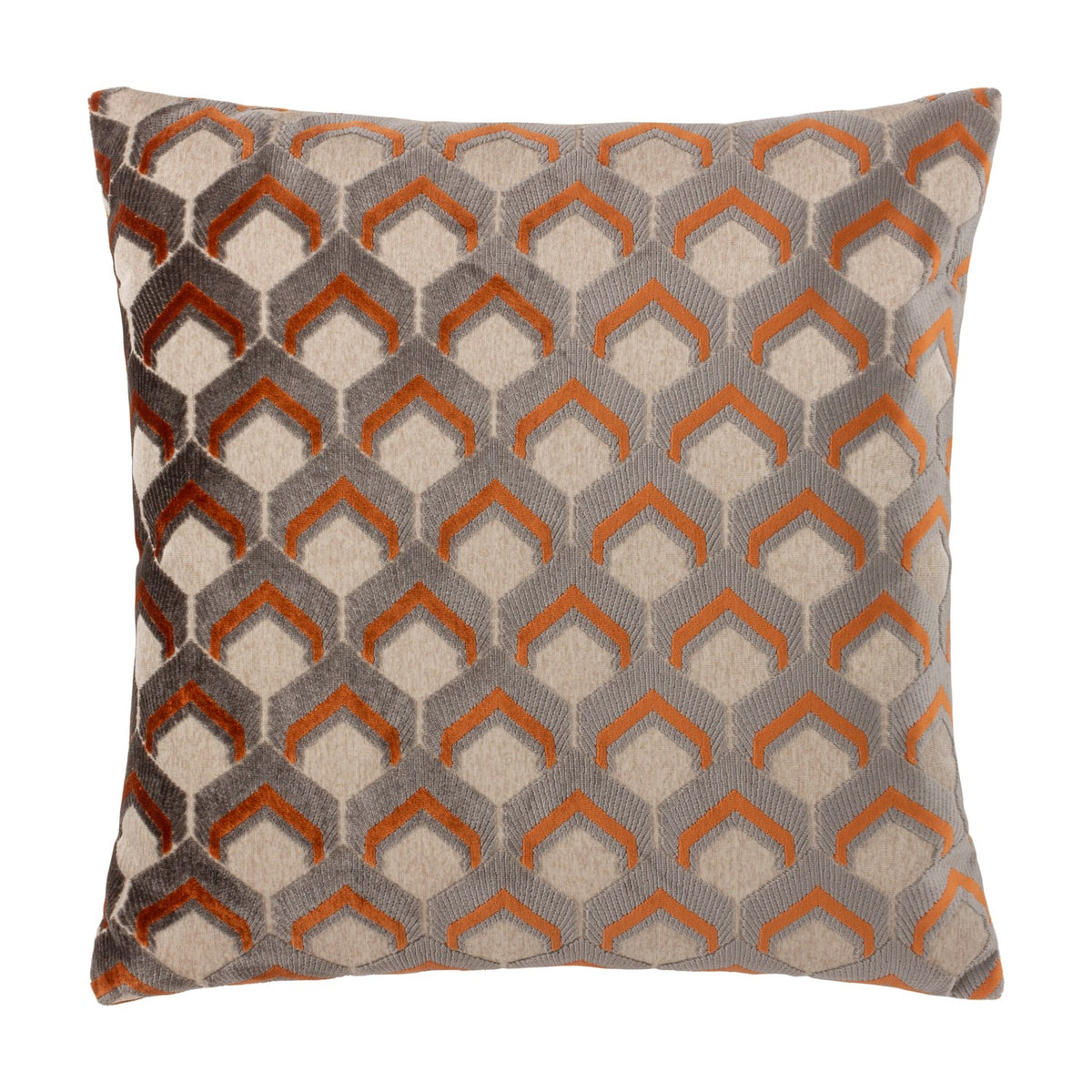 Ledbury Jacquard Velvet Cushion in ginger and grey, featuring a raised chevron-topped hexagon pattern on a textured velvet face, shown against a plain white background.