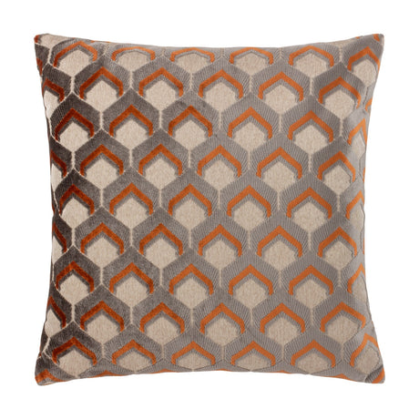 Ledbury Jacquard Velvet Cushion in ginger and grey, featuring a raised chevron-topped hexagon pattern on a textured velvet face, shown against a plain white background.
