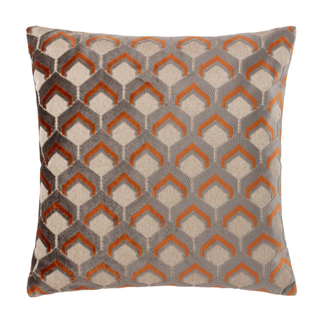 Ledbury Jacquard Velvet Cushion in ginger and grey, featuring a raised chevron-topped hexagon pattern on a textured velvet face, shown against a plain white background.