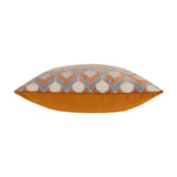 Side view of the Ledbury Jacquard Velvet Cushion in Ginger/Grey, showing a plain ginger velvet reverse panel beneath the geometric hexagon-patterned front, on a white background.