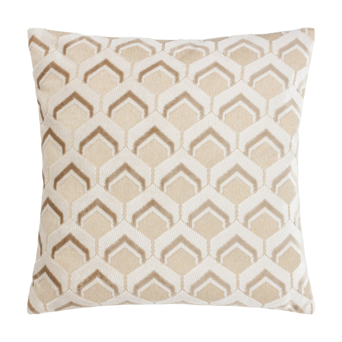 Ledbury Jacquard Velvet Cushion in Warm Taupe, square with a raised hexagonal pattern in beige velvet pile against a cream jersey-look base, shown on a plain white background.