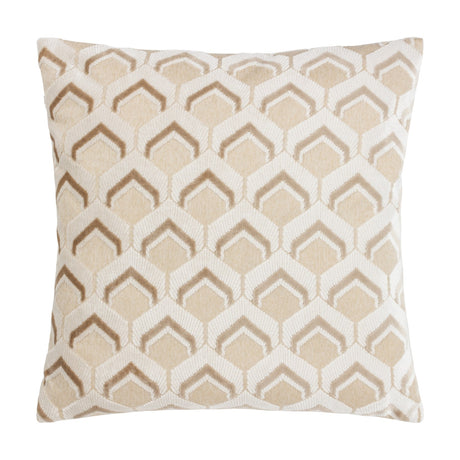 Ledbury Jacquard Velvet Cushion in Warm Taupe, square with a raised hexagonal pattern in beige velvet pile against a cream jersey-look base, shown on a plain white background.