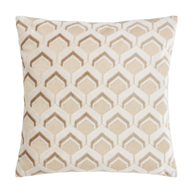 Ledbury Jacquard Velvet Cushion in Warm Taupe, square with a raised hexagonal pattern in beige velvet pile against a cream jersey-look base, shown on a plain white background.