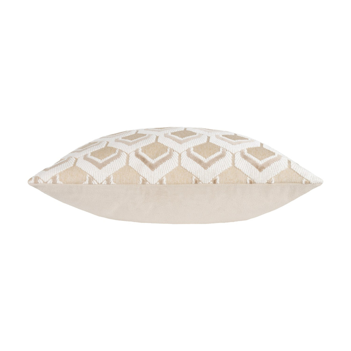 Ledbury Jacquard Velvet Cushion in warm taupe, side view showing raised hexagonal pattern on the front and plain velvet reverse, on a white background.