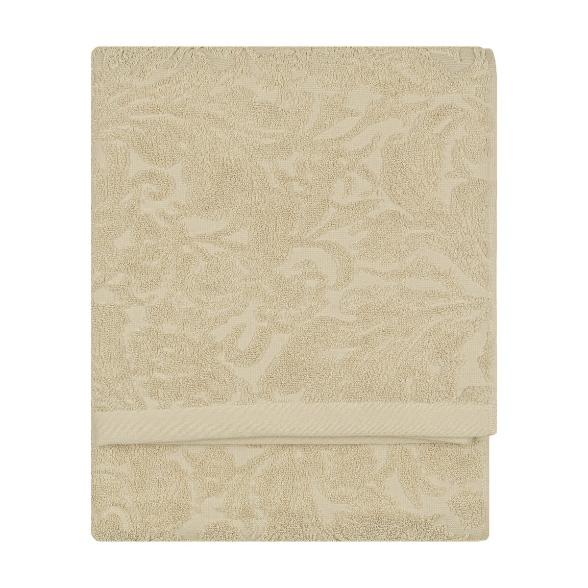 Leicester Floral Cotton Towel in natural, folded flat with a raised scrolling leaf and floral pattern woven into the pile, shown against a plain white background.