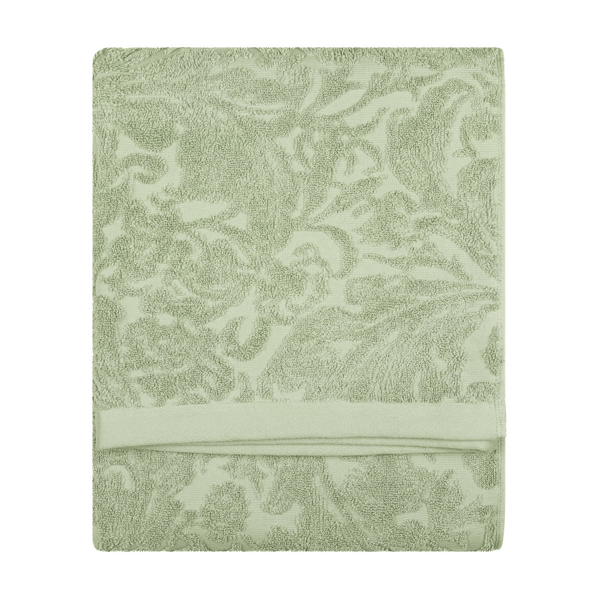 Folded Leicester cotton towel in sage green with a woven floral and foliage jacquard pattern and plain woven border band, shown on a white background.