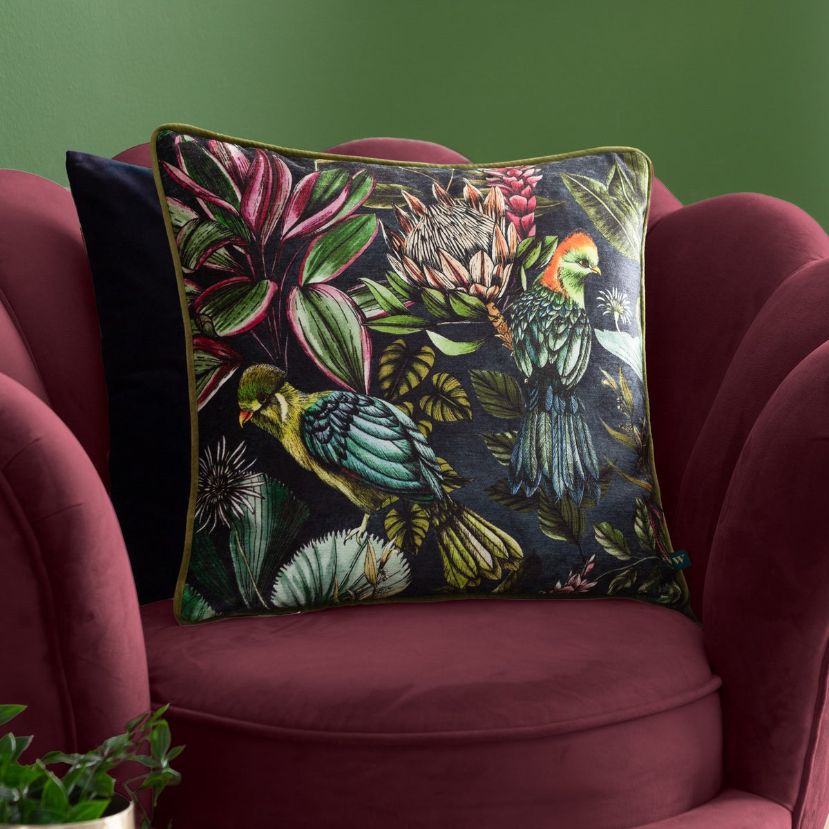 Leilani Velvet Chenille Cushion in Twilight, a 43 x 43cm square cushion with a tropical bird and floral print on midnight-blue velvet, shown on a burgundy chair with a plain navy cushion behind.