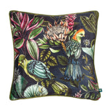 Leilani Velvet Chenille Cushion in Twilight, 43 x 43cm with olive piping, printed with two birds among tropical flowers and leaves on a dark navy ground.