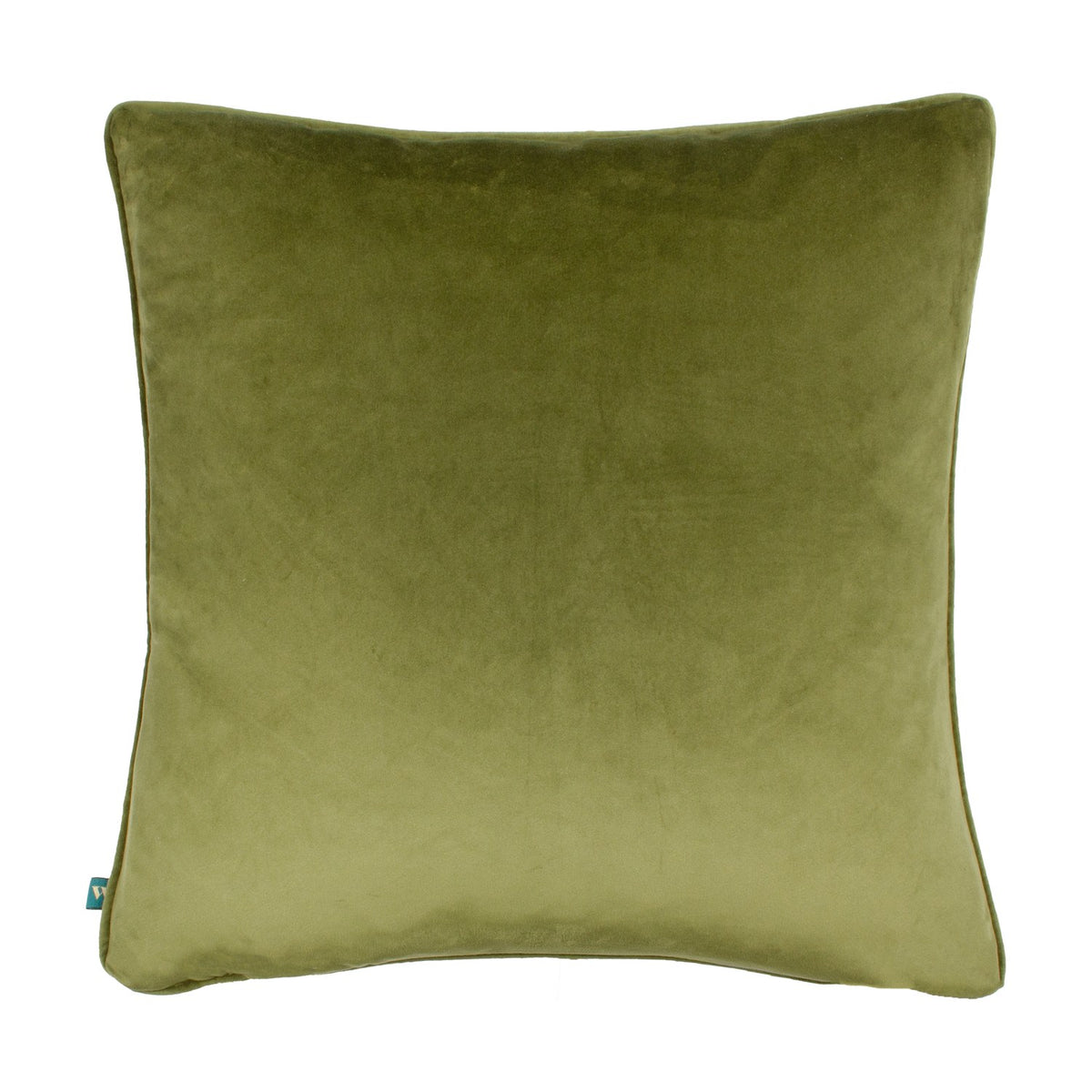 Square olive-green velvet chenille cushion, Leilani Twilight, plain fabric back with piped edging, shown on a white background.