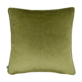 Square olive-green velvet chenille cushion, Leilani Twilight, plain fabric back with piped edging, shown on a white background.