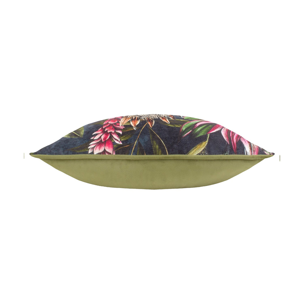 Leilani Velvet Chenille Cushion in Twilight, shown side-on with a tropical floral chenille print on midnight ground on one side and plain olive green velvet on the reverse, on a white background.