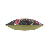 Leilani Velvet Chenille Cushion in Twilight, shown side-on with a tropical floral chenille print on midnight ground on one side and plain olive green velvet on the reverse, on a white background.