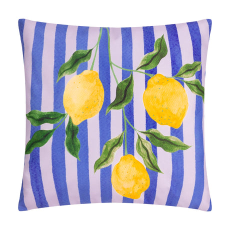 Square polyester outdoor cushion featuring painted yellow lemons on leafy branches over blue and pale lilac vertical stripes, shown on a white background.