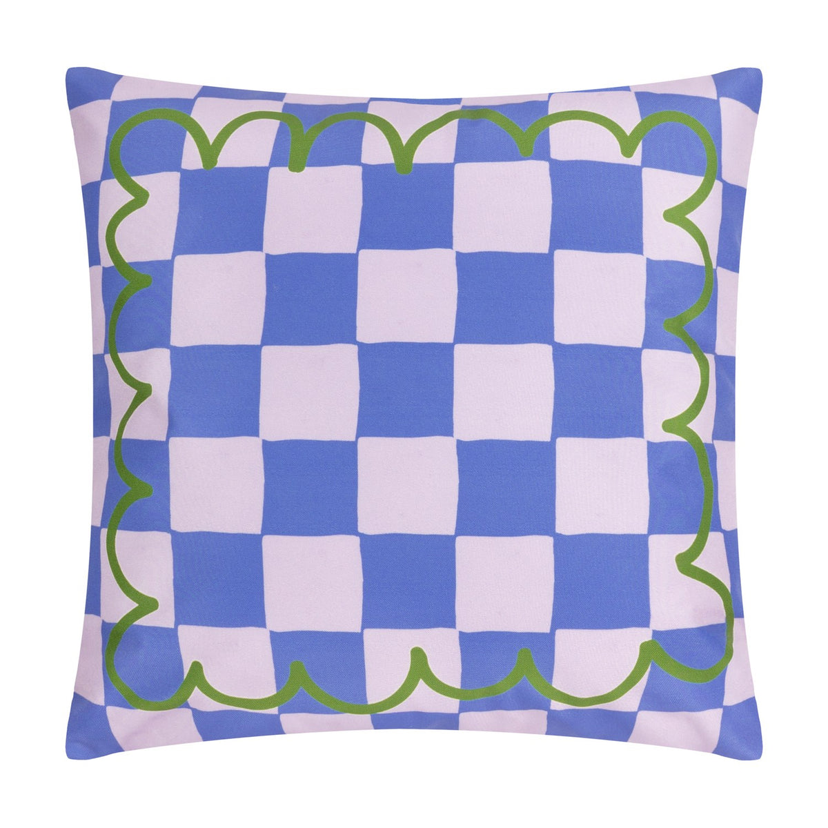 Square polyester outdoor cushion showing the reverse abstract print: a blue and pale lilac chequerboard pattern framed by a wavy green scalloped border, on a plain white background.