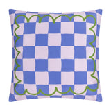 Square polyester outdoor cushion showing the reverse abstract print: a blue and pale lilac chequerboard pattern framed by a wavy green scalloped border, on a plain white background.