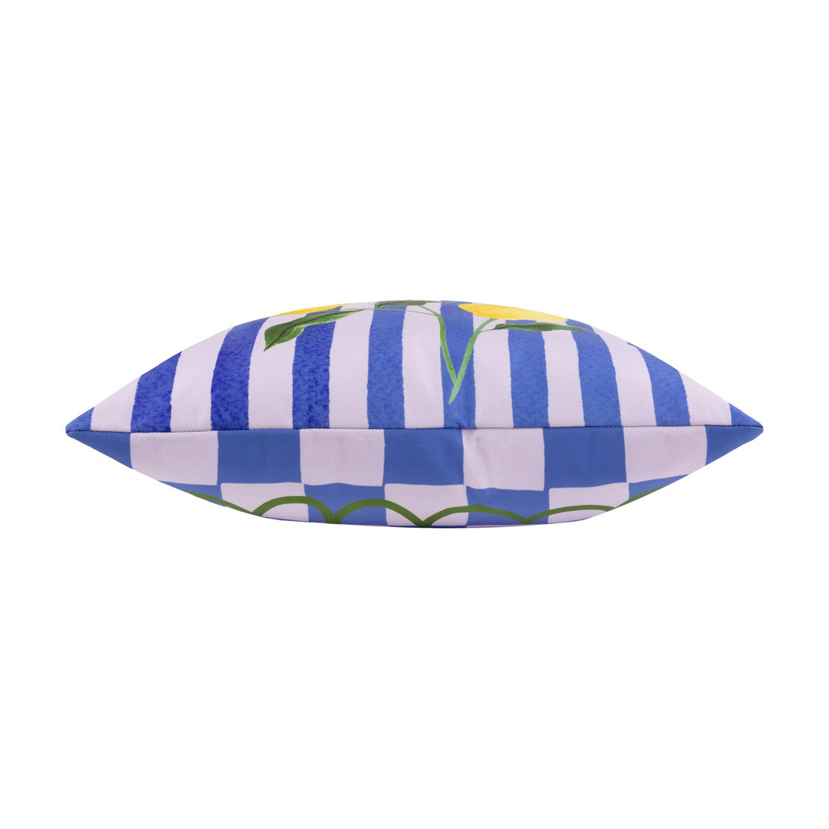Side view of the Lemons Abstract Polyester Cushion in blue, featuring a striped lemon print on one edge and a blue-lilac chequerboard with green scalloped trim on the other.