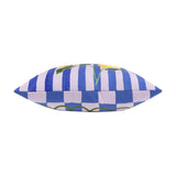 Side view of the Lemons Abstract Polyester Cushion in blue, featuring a striped lemon print on one edge and a blue-lilac chequerboard with green scalloped trim on the other.