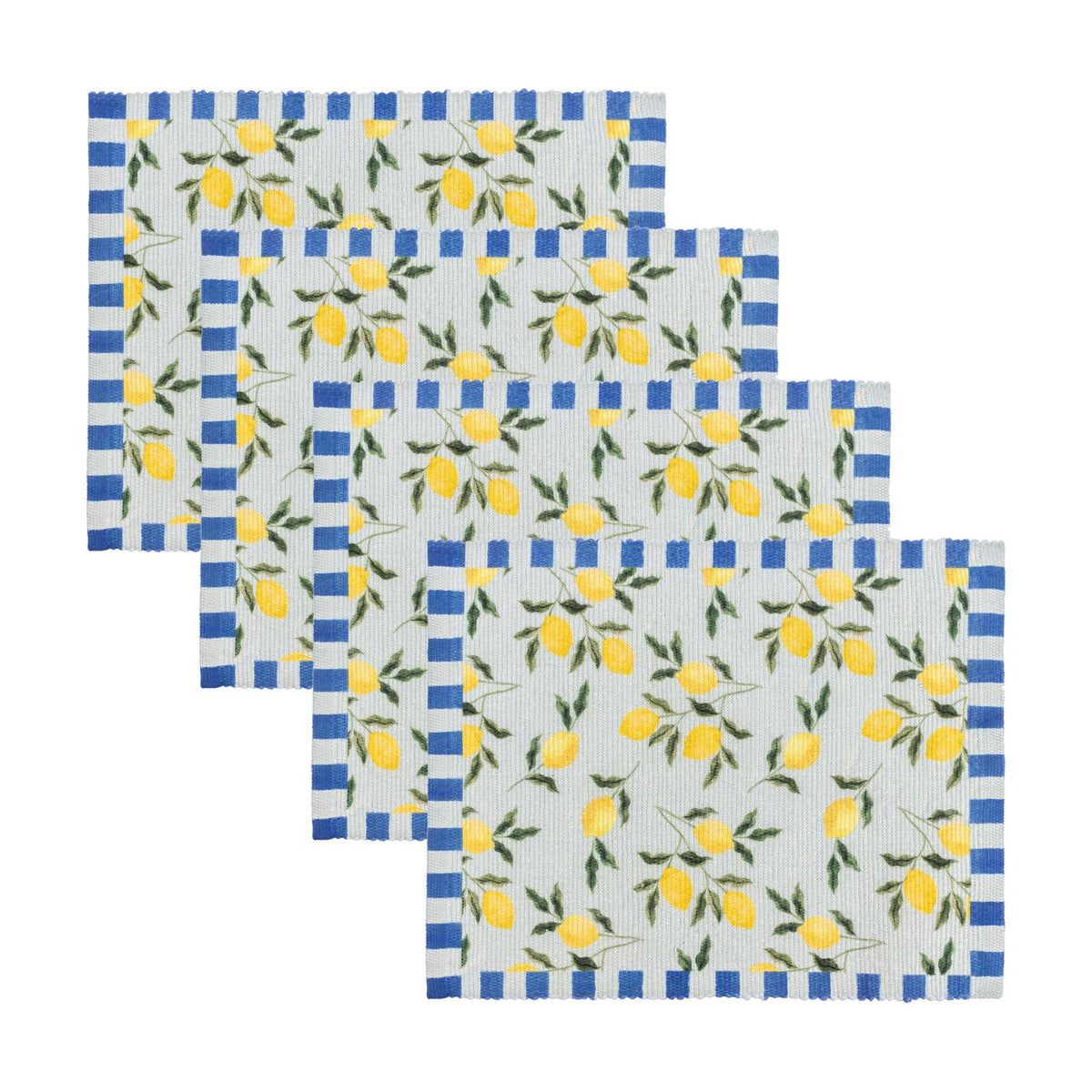 Set of four rectangular polyester placemats featuring a yellow lemon and green leaf print on a pale ground, bordered by blue and white stripes, shown on a white background.