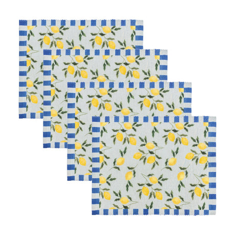 Set of four rectangular polyester placemats featuring a yellow lemon and green leaf print on a pale ground, bordered by blue and white stripes, shown on a white background.