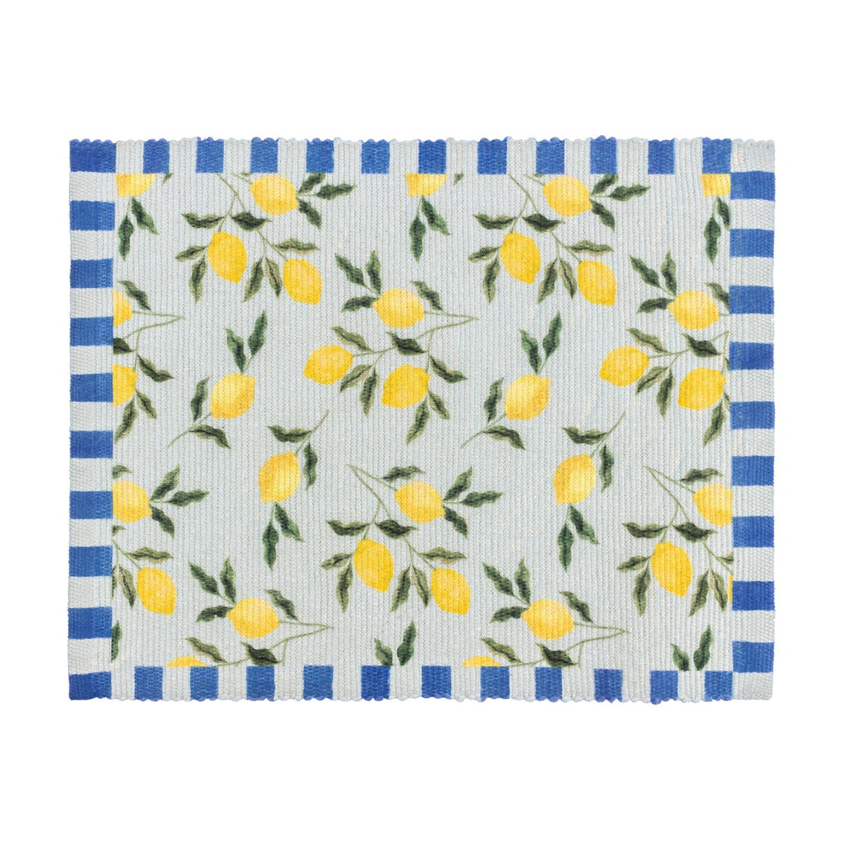 Rectangular woven polyester placemat with a lemon and leaf print on a pale ground, bordered on two sides by a blue and white striped edge, shown on a white background.
