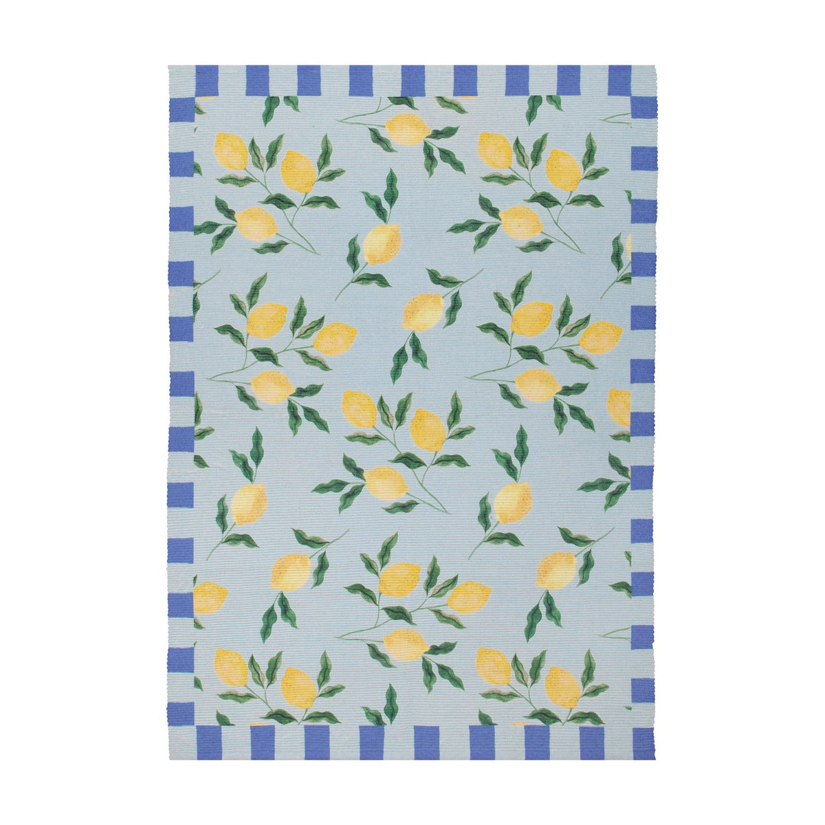 Lemons Striped Polyester Rug in Blue, featuring yellow lemon branches on a pale blue ground with a blue and cream block-striped border, shown on a plain white background.