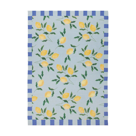 Lemons Striped Polyester Rug in Blue, featuring yellow lemon branches on a pale blue ground with a blue and cream block-striped border, shown on a plain white background.