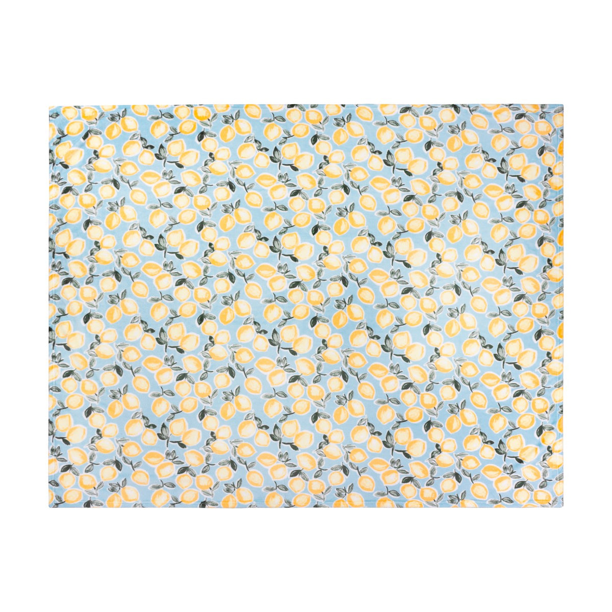 Lemons Printed Polyester Throw in blue, a rectangular fleece throw with an all-over lemon and leaf print on a pale blue ground, shown flat against a plain white background.