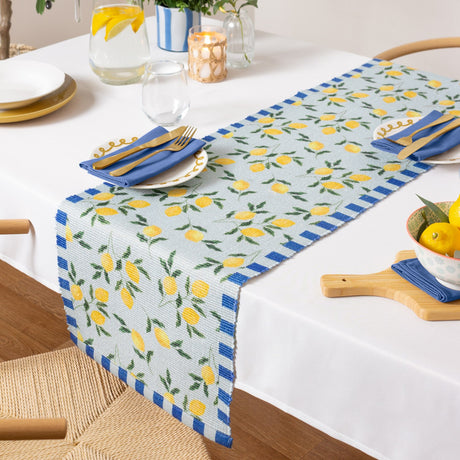 Lemons Floral Polyester Table Runner - Blue