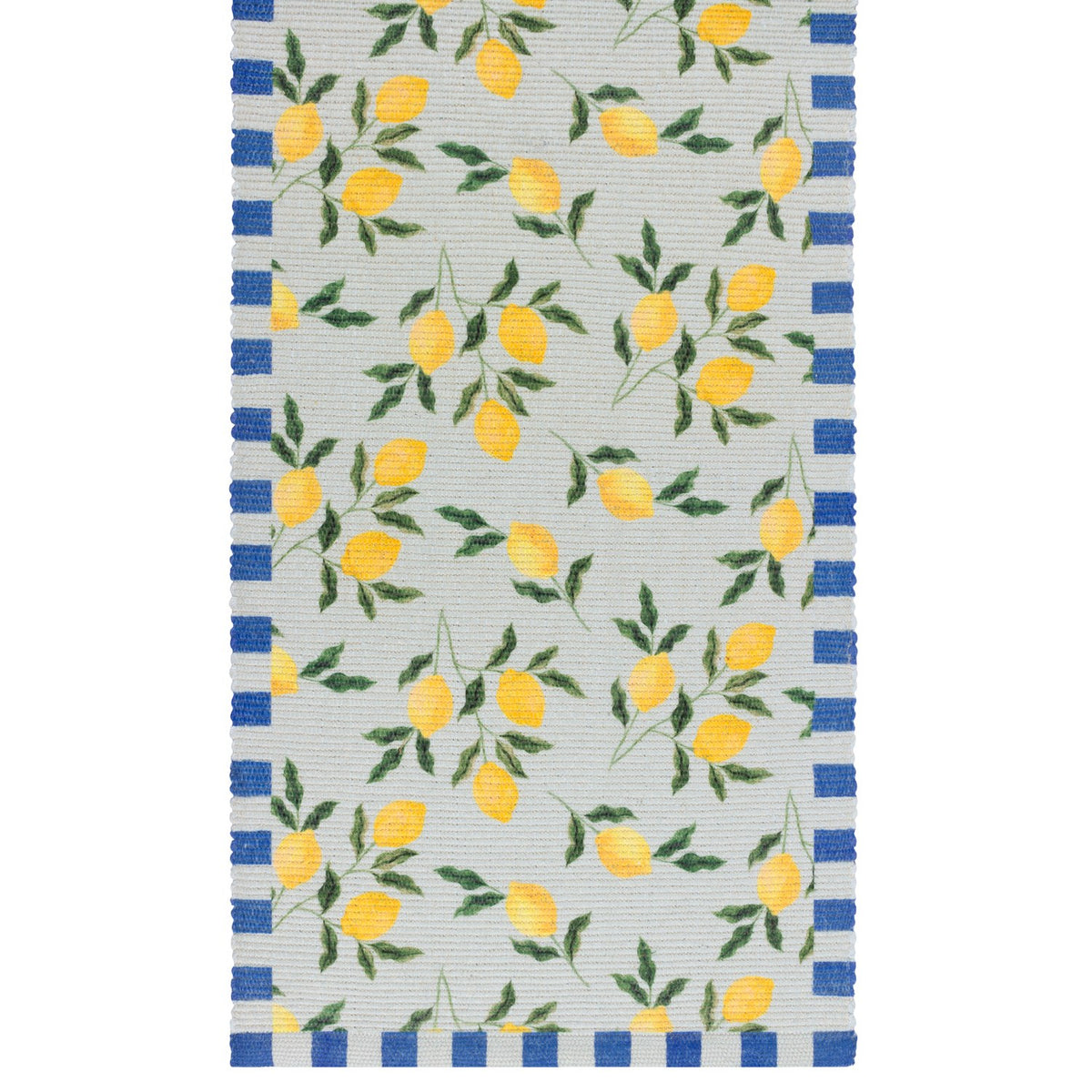 Lemons Floral Polyester Table Runner in blue, featuring a pale woven ground with printed yellow lemons and green leaves, bordered by blue and white striped edges.