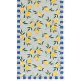 Lemons Floral Polyester Table Runner in blue, featuring a pale woven ground with printed yellow lemons and green leaves, bordered by blue and white striped edges.