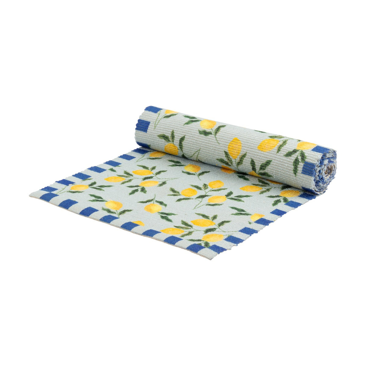 Lemons Floral Polyester Table Runner in blue, partially rolled to show a pale woven ground with yellow lemon clusters, green foliage, and a blue striped border, on a white background.