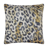 Square Leopardis cushion in polyester with a woven leopard print of charcoal rosettes, amber and tan tones on a cream ground, shown on a plain white background.