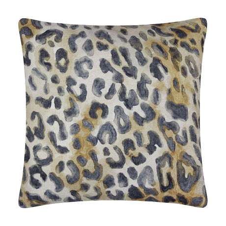 Square Leopardis cushion in polyester with a woven leopard print of charcoal rosettes, amber and tan tones on a cream ground, shown on a plain white background.