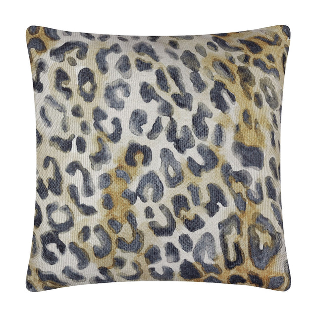 Square Leopardis cushion in polyester with a woven leopard print of charcoal rosettes, amber and tan tones on a cream ground, shown on a plain white background.