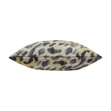 Side profile of the Leopardis square cushion showing its plump filled edge with charcoal leopard print over a cream, amber-toned ground, on a plain white background.