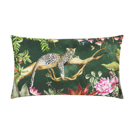 Rectangular polyester cushion in forest green, printed with a leopard resting on a branch amid tropical foliage, peonies and hummingbirds, shown on a white background.