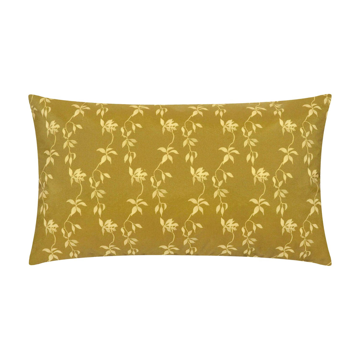 Rectangular bolster-style cushion in mustard yellow polyester with a repeating pale leaf and vine pattern, shown on a plain white background.