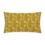 Rectangular bolster-style cushion in mustard yellow polyester with a repeating pale leaf and vine pattern, shown on a plain white background.